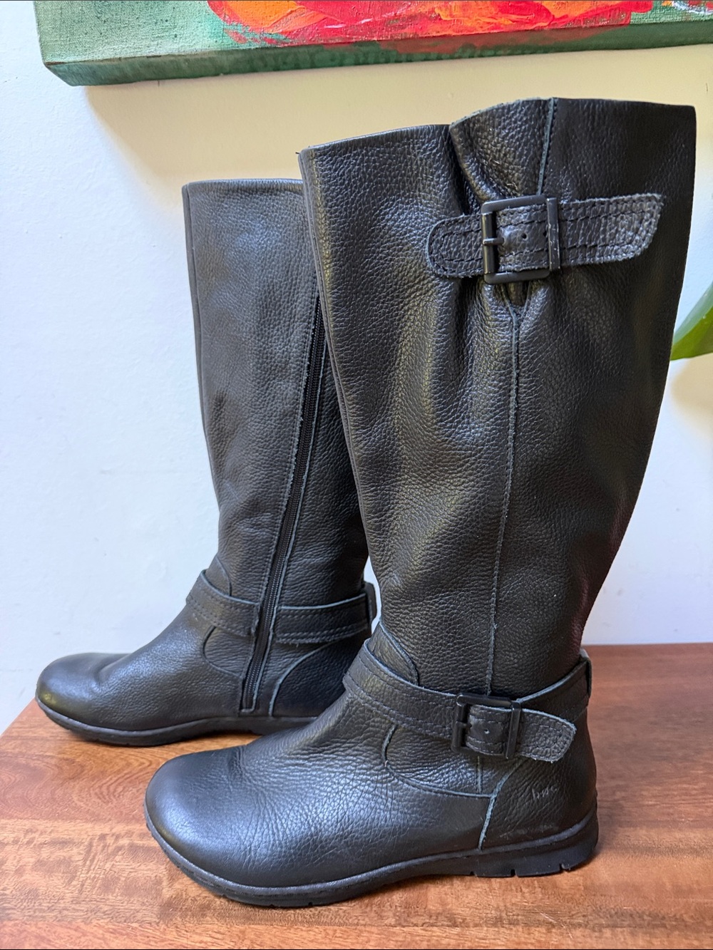 boc Black Leather Knee-High Buckle Riding Boots